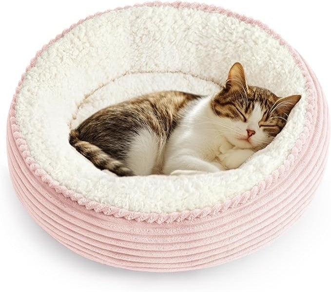 Love's cabin Round Donut Cat and Dog Cushion Bed in Pink Stripe