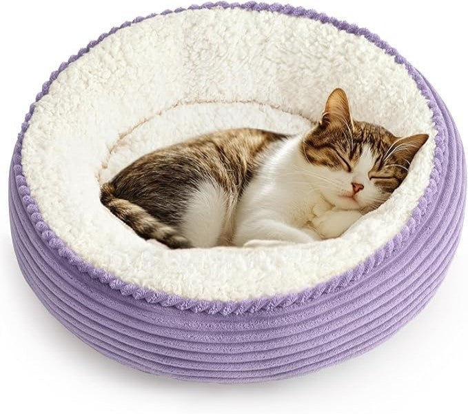 Love's cabin Round Donut Cat and Dog Cushion Bed in Lavender Stripe