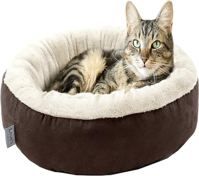 Love's cabin Round Donut Cat and Dog Cushion Bed in Brown Stripe