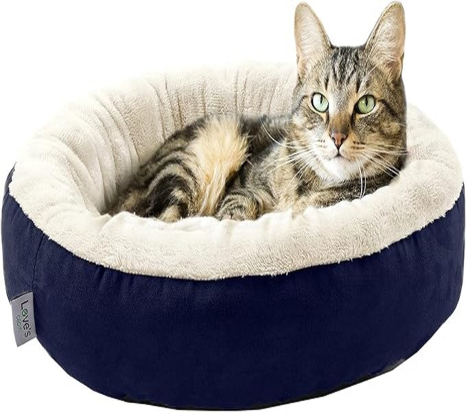 Love's cabin Round Donut Cat and Dog Cushion Bed in Navy Stripe